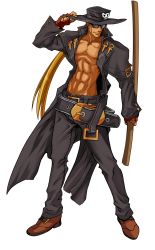 Rule 34 | 1boy, abs, absurdres, arc system works, belt, black hat, coat, fingerless gloves, gloves, guilty gear, guilty gear x, guilty gear xx, guilty gear xx accent core, hat, highres, johnny (guilty gear), male focus, muscular, official art, solo, sunglasses, sword, trench coat, weapon