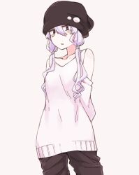 Rule 34 | 1girl, alternate costume, arms behind back, beanie, black hat, black pants, blush, character request, check character, clothing cutout, collarbone, commentary request, cowboy shot, hair between eyes, hat, highres, mochi (mochi444420), pants, parted lips, pink hair, purple eyes, short hair with long locks, shoulder cutout, solo, standing, sweater, v-neck, vocaloid, voiceroid, white sweater, yuzuki yukari, yuzuki yukari (lin)