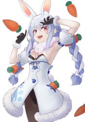 Rule 34 | 1girl, :d, absurdres, animal ear fluff, animal ears, armpits, arms up, bare shoulders, black gloves, black leotard, blue hair, braid, breasts, brown pantyhose, carrot, carrot hair ornament, coat, cowboy shot, detached sleeves, extra ears, food-themed hair ornament, fur collar, fur trim, gloves, hair ornament, highres, hololive, leotard, long hair, looking at viewer, open mouth, orange eyes, pantyhose, rabbit ears, rabbit girl, rabbit tail, short sleeves, sidelocks, small breasts, smile, solo, standing, strapless, strapless leotard, tail, thick eyebrows, toga (toganawa), twin braids, twintails, usada pekora, usada pekora (1st costume), v-shaped eyebrows, virtual youtuber, white background, white coat