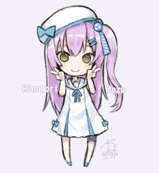 Rule 34 | 1girl, anzu channel, bad id, bad pixiv id, bare arms, bare shoulders, beret, blue bow, blue footwear, blush, bow, brown eyes, capriccio, character name, chibi, closed mouth, commentary request, dated, double v, dress, eyebrows hidden by hair, full body, hair between eyes, hair ornament, hairclip, hands up, hat, hat bow, hinomori anzu, long hair, one side up, purple hair, sailor collar, sailor dress, signature, sleeveless, sleeveless dress, smile, solo, standing, v, very long hair, virtual youtuber, white dress, white hat, white sailor collar
