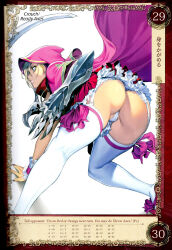 Rule 34 | 1girl, ass, back-seamed legwear, blonde hair, blue eyes, bow, claw (weapon), cloak, fighting stance, frilled skirt, frills, from behind, garter straps, gauntlets, highres, homare (fool&#039;s art), hood, hood up, hooded cloak, legs, legs apart, looking ahead, nail polish, official art, panties, pantyshot, pink bow, pink cloak, profile, queen&#039;s blade, queen&#039;s blade rebellion, red skirt, ribbon-trimmed legwear, ribbon trim, seamed legwear, serious, simple background, skirt, solo, thighhighs, thighs, thong, underwear, weapon, white background, white garter straps, white panties, white thighhighs, wrist cuffs, zara (queen&#039;s blade)