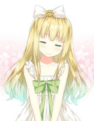 Rule 34 | 10s, 1girl, azuki azusa, bare arms, blonde hair, blush, bow, closed eyes, closed mouth, collarbone, dot nose, dress, eyebrows, gradient hair, green bow, hair bow, hair ornament, head tilt, hentai ouji to warawanai neko., highres, long hair, multicolored hair, patterned background, simple background, sky-freedom, smile, solo, standing, sundress, wavy hair, white bow, white dress
