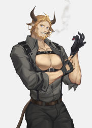 Rule 34 | 1boy, adjusting clothes, adjusting gloves, animal ears, arknights, bara, bare pectorals, beard, black pants, blonde hair, bulge, chest harness, cigar, coat, coat on shoulders, cow boy, cow ears, cow horns, cow tail, cowboy shot, eurill pides (arknights), facial hair, gloves, grey shirt, harness, highres, horns, large pectorals, looking at viewer, male focus, mature male, muscular, muscular male, nipples, pants, partially unbuttoned, pectorals, shirt, short hair, smoking, solo, tail, tengo (maotengo), thick thighs, thighs, tight clothes, tight pants