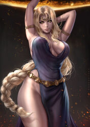 Rule 34 | 1girl, armband, armpits, arms up, belt, blonde hair, bracelet, braid, breasts, cleavage, curvy, dandon fuga, diadem, dress, elden ring, from software, highres, jewelry, large breasts, long hair, looking at viewer, queen marika the eternal, solo, thick thighs, thighs, very long hair, wide hips, yellow eyes