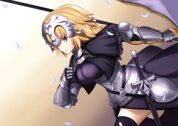 Rule 34 | 1girl, absurdres, armor, armored dress, black thighhighs, blonde hair, blue eyes, braid, braided ponytail, breasts, chain, closed mouth, collar, dress, fate/apocrypha, fate (series), faulds, flag, gauntlets, headpiece, highres, hisato nago, jeanne d&#039;arc (fate), jeanne d&#039;arc (ruler) (fate), large breasts, long hair, looking to the side, metal collar, plackart, polearm, purple dress, smile, thighhighs, thighs, very long hair, weapon