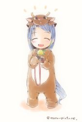 Rule 34 | 1girl, animal costume, antlers, artist name, bell, blue hair, blush, closed eyes, collar, commentary request, facing viewer, holding, holding leash, horns, kantai collection, leash, long hair, looking at viewer, mae (maesanpicture), neck bell, notice lines, open mouth, reindeer antlers, reindeer costume, samidare (kancolle), simple background, solo, swept bangs, very long hair, white background