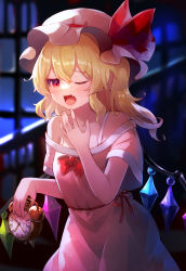 Rule 34 | 1girl, 60mai, alarm clock, alternate costume, blonde hair, blush, bow, clock, crystal, dress, dress bow, fang, flandre scarlet, hair between eyes, hand to own mouth, hat, hat ribbon, looking at viewer, mob cap, off-shoulder dress, off shoulder, one eye closed, open mouth, red bow, ribbon, short hair, short sleeves, side ponytail, sleepwear, solo, stairs, touhou, wings, yawning