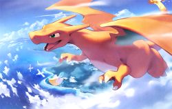 Rule 34 | above clouds, blanco026, charizard, claws, cloud, commentary request, creatures (company), day, fangs, fire, fire, flame-tipped tail, flying, game freak, gen 1 pokemon, gen 3 pokemon, green eyes, nintendo, no humans, open mouth, outdoors, pelipper, pokemon, pokemon (creature), smile, tongue, water, wingull