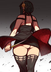 Rule 34 | 1girl, absurdres, ass, ass focus, black dress, black hair, blush, breasts, dagger, dress, earrings, from behind, gold earrings, gold hairband, hairband, highres, holding, holding dagger, holding knife, holding weapon, huge ass, huge breasts, jewelry, knife, long hair, nikuatsu magician shinbo, no panties, short hair with long locks, sidelocks, skindentation, solo, spy x family, stiletto (weapon), thick thighs, thighhighs, thighs, two-sided dress, two-sided fabric, weapon, yor briar