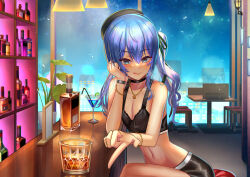 Rule 34 | 1girl, absurdres, alcohol, alternate costume, bar (place), bare shoulders, beret, black bra, black choker, black hat, black shorts, blue eyes, blue hair, blush, bra, bracelet, breasts, breath, ceiling light, chair, choker, cocktail glass, cowboy shot, crop top, cup, drinking glass, drinking straw, eyelashes, food, fruit, green ribbon, hair between eyes, hair ribbon, hand up, hat, head rest, highres, hololive, hoshimachi suisei, indoors, jagoo, jewelry, licking lips, lime (fruit), lime slice, liquor, long hair, looking at viewer, midriff, navel, plant, pointing, pointing at viewer, potted plant, ribbon, short shorts, shorts, side ponytail, sitting, small breasts, smile, solo, table, thighs, tongue, tongue out, underwear, variant set, virtual youtuber, window