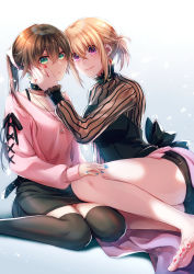 Rule 34 | 2girls, barefoot, black bow, black collar, black legwear, black shirt, black skirt, blue nails, bow, braid, breasts, brown hair, cleavage, collar, earrings, folded ponytail, green eyes, hair between eyes, hand on another&#039;s cheek, hand on another&#039;s face, highres, jewelry, long sleeves, multiple girls, nail polish, natsuki yuka, original, parted lips, pencil skirt, pink shirt, purple eyes, red nails, ring, shirt, sidelocks, skirt, smile, striped sleeves, thighhighs, toenail polish, toenails, zettai ryouiki