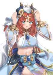 Rule 34 | 1girl, absurdres, aqua eyes, beads, blush, breasts, brooch, circlet, commentary request, crop top, forehead jewel, genshin impact, gold trim, hands up, highres, horns, jewelry, komiya latte, long hair, long sleeves, looking at viewer, low twintails, medium breasts, navel, neck ring, nilou (genshin impact), parted bangs, parted lips, puffy long sleeves, puffy sleeves, raised eyebrows, red hair, signature, skirt, solo, stomach, twintails, vambraces, veil, vision (genshin impact)