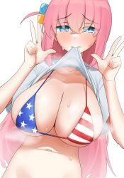 Rule 34 | 1girl, absurdres, american flag bikini, bikini, blue eyes, bocchi the rock!, breasts, cleavage, clothes lift, collarbone, cube hair ornament, double w, flag print, gotoh hitori, hair between eyes, hair ornament, highres, kijikoru, large breasts, lifted by self, long hair, looking at viewer, mouth hold, navel, pink hair, shirt lift, simple background, solo, steaming body, sweat, swimsuit, upper body, w, white background