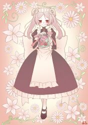 Rule 34 | 1girl, apron, bloody marie (skullgirls), blush, carrying, dress, flower, frilled apron, frilled dress, frills, full body, grey hair, hair ornament, highres, jar, juliet sleeves, long sleeves, looking down, maid headdress, mary janes, pantyhose, pink background, pink hair, plant, puffy sleeves, red eyes, shoes, skull hair ornament, skullgirls, smile, solo, suitti, vines