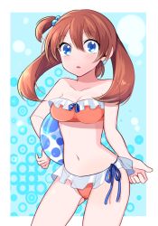 Rule 34 | 1girl, bad id, bad pixiv id, ball, bandeau, beachball, bikini, blue eyes, blue ribbon, breasts, brown hair, cleavage, collarbone, cowboy shot, creatures (company), floating hair, frilled bikini, frills, game freak, groin, hair between eyes, hair bobbles, hair ornament, highres, holding, holding ball, long hair, looking at viewer, may (pokemon), medium breasts, navel, nintendo, one side up, open mouth, orange bikini, pokemon, pokemon rse, ribbon, see-through, solo, standing, stomach, striped bikini, striped clothes, swimsuit, transparent, twintails, yuihico