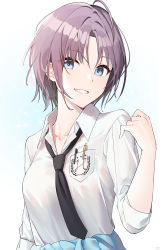 Rule 34 | 1girl, absurdres, ahoge, arjent, asakura toru, black necktie, blue background, blue eyes, breast pocket, clothes around waist, collarbone, collared shirt, gradient background, hand up, highres, idolmaster, idolmaster shiny colors, looking at viewer, necktie, parted bangs, parted lips, pen, pocket, purple hair, shirt, short hair, sleeves past elbows, smile, solo, upper body, wing collar