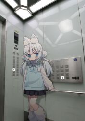 Rule 34 | 1girl, animal ear fluff, animal ears, black skirt, blue bow, blue eyes, bow, closed mouth, collared shirt, commentary request, double bun, elevator, feet out of frame, grey hair, hair bun, hair ornament, hairclip, highres, indoors, long hair, long sleeves, loose socks, nakkar, original, photo background, plaid, plaid bow, pleated skirt, puffy long sleeves, puffy sleeves, reflection, shirt, skirt, sleeves past wrists, socks, solo, standing, sweater vest, twintails, twitter username, white shirt, white socks