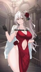Rule 34 | 1girl, alternate costume, animated, black gloves, blinking, breasts, brown eyes, clothing cutout, coat, coat on shoulders, cocktail dress, collarbone, dress, gloves, goddess of victory: nikke, grey hair, hair intakes, hair ribbon, highres, jewelry, juliet november, large breasts, live2d, long hair, lowres, navel cutout, necklace, pelvic curtain, ponytail, red dress, red ribbon, ribbon, scar, scar on stomach, sharp teeth, solo, stomach cutout, tagme, teeth, thighs, video, white coat, yulha (nikke)