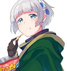 Rule 34 | 10s, 1girl, blue eyes, blunt bangs, bob cut, brown gloves, chips (food), cloak, crumbs, eating, food, food on face, fuji fujino, gloves, hair ornament, hood, hooded cloak, looking back, meteora osterreich, potato chips, re:creators, short hair, silver hair, solo, upper body, white background