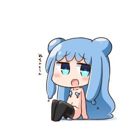Rule 34 | 1girl, :d, arm support, arms at sides, black thighhighs, blue eyes, blue hair, blush, chibi, commentary request, double bun, full body, hair bun, half slime-chan, hana kazari, long hair, looking at viewer, navel, nude, open mouth, original, sitting, smile, solo, thighhighs, translation request, very long hair, white background