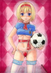 Rule 34 | 1girl, adapted costume, alice margatroid, bad id, bad pixiv id, ball, blonde hair, blue eyes, blush, breasts, female focus, hairband, medium breasts, panties, revealing clothes, sarah sauge, soccer, soccer ball, solo, telstar, thighhighs, touhou, traditional media, underboob, underwear