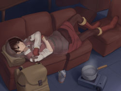 Rule 34 | bad id, bad pixiv id, black hair, boots, couch, gloves, lying, maasan, pantyhose, pot, solo, steam