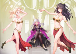 Rule 34 | 3girls, armlet, black hair, blonde hair, breasts, breasts apart, cape, cleavage, corruption, cosplay, crossed legs, dancing, female focus, fire emblem, fire emblem awakening, fire emblem heroes, grey hair, grima (fire emblem), harem, harem outfit, highres, instagram username, intelligent systems, large breasts, lissa (fire emblem), metal bikini, multiple girls, navel, nintendo, official alternate costume, pelvic curtain, possessed, possession, robin (female) (fell tactician) (fire emblem), robin (female) (fire emblem), robin (fire emblem), see-through, see-through cleavage, shiro font, slave leia (cosplay), small breasts, stomach, tharja (fire emblem), twintails, twitter username