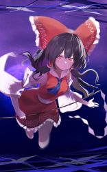 Rule 34 | 1girl, 258n, absurdres, armpits, ascot, black hair, bow, collar, detached sleeves, dream world (touhou), earth (planet), flying, frilled bow, frills, gohei, hair bow, hair tubes, hakurei reimu, highres, japanese clothes, kneehighs, large bow, legacy of lunatic kingdom, looking at viewer, medium hair, miko, nontraditional miko, planet, red bow, red eyes, red shirt, red skirt, shirt, sidelocks, skirt, skirt set, sleeveless, socks, solo, space, touhou, white collar, white socks, wide sleeves