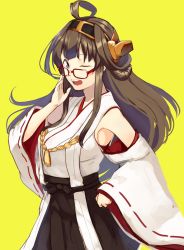 Rule 34 | 10s, 1girl, adjusting eyewear, ahoge, bad id, bad twitter id, bare shoulders, bespectacled, breasts, brown eyes, brown hair, brown skirt, detached sleeves, double bun, glasses, hair bun, hairband, hand on eyewear, hand on own hip, hand up, headgear, highres, houmatu awa, japanese clothes, kantai collection, kongou (kancolle), long hair, looking at viewer, nontraditional miko, one eye closed, open mouth, purple eyes, red-framed eyewear, ribbon-trimmed sleeves, ribbon trim, simple background, skirt, smile, solo, wide sleeves, yellow background