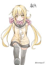 Rule 34 | 10s, 1girl, arms behind back, blonde hair, blush, cardigan, commentary request, fujishima shinnosuke, kantai collection, leg up, long hair, looking at viewer, necktie, satsuki (kancolle), scarf, school uniform, serafuku, skirt, smile, solo, thighhighs, twintails, twintails day, yellow eyes