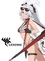 Rule 34 | 1girl, belt, bikini, black bikini, black choker, black gloves, black ribbon, black tail, blue archive, breasts, choker, commentary request, cowboy shot, demon tail, eyewear on head, from side, gloves, grey hair, gun, hair over one eye, hair ribbon, halo, highres, holding strap, iori (blue archive), iori (swimsuit) (blue archive), long hair, looking at viewer, multi-strapped bikini bottom, official alternate costume, one eye covered, parted lips, purple halo, red eyes, ribbon, simple background, small breasts, solo, sunglasses, sweatdrop, swimsuit, tail, thigh belt, thigh strap, twintails, very long hair, vneckstore, weapon, white background