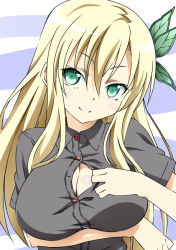 Rule 34 | 10s, 1girl, bad id, bad pixiv id, blonde hair, boku wa tomodachi ga sukunai, breast hold, breasts, bug, butterfly, butterfly hair ornament, cleavage, green eyes, hair ornament, head tilt, bug, kashiwazaki sena, large breasts, long hair, no bra, open clothes, open shirt, seductive smile, shirt, smile, solo, tom0315, tom (tom0315), upper body