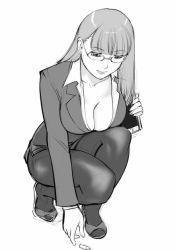 Rule 34 | 1girl, breasts, chalk, cleavage, derivative work, downblouse, formal, glasses, greyscale, jacket, large breasts, long hair, monochrome, office lady, original, pantyhose, pencil skirt, shoes, simple background, sketch, skirt, skirt suit, solo, suit, ueyama michirou, white background