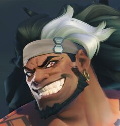Rule 34 | 1boy, bara, beard, black hair, chest tattoo, dark-skinned male, dark skin, earrings, full beard, grin, headband, jewelry, looking at viewer, male focus, mature male, mauga (overwatch), muscular, muscular male, nude, overwatch, overwatch 2, portrait, shizhen36, sideburns, smile, solo, tattoo, thick eyebrows, v-shaped eyebrows