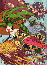 Rule 34 | 1girl, alex ahad, armor, battle, burger, faulds, food, food print, french fries, green hair, huge weapon, long hair, monster, open mouth, red eyes, shield, solo focus, sword, topknot, watermelon print, weapon
