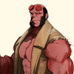 Rule 34 | 1boy, abs, bald spot, bara, bare pectorals, black hair, broken horn, coat, colored skin, demon boy, frown, hellboy, hellboy (comic), horns, large pectorals, liyamou, male focus, monster boy, muscular, muscular male, pectorals, red skin, short hair, sideburns, solo, thick arms, torn clothes, torn sleeves, upper body, wrinkled skin, yellow eyes