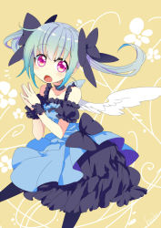 Rule 34 | angel wings, bare shoulders, blue hair, dress, kaida michi, original, pantyhose, red eyes, ribbon, solo, twintails, wings