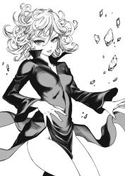 Rule 34 | 1girl, :p, breasts, covered navel, curly hair, dress, greyscale, groin, highres, monochrome, no panties, one-punch man, pagong, rock, small breasts, solo, tatsumaki, tongue, tongue out