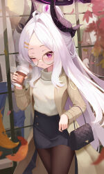 Rule 34 | 1girl, ;), absurdres, ahoge, alternate costume, bespectacled, black skirt, blue archive, blush, brown coat, casual, coat, cup, demon horns, disposable cup, falling leaves, glasses, grey hair, halo, highres, hina (blue archive), holding, holding cup, horns, jixo (user nzhc8728), leaf, long sleeves, looking at viewer, mannequin, one eye closed, outdoors, parted bangs, purple eyes, round eyewear, skirt, smile, solo, steam, sweater, white sweater