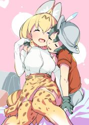 Rule 34 | 10s, 2girls, :d, ^ ^, abstract background, ahobaka, alternate breast size, animal ears, animal print, bare shoulders, bed sheet, belt, black gloves, black hair, bow, bowtie, breasts, brown belt, bucket hat, cheek-to-cheek, closed eyes, cross-laced clothes, crotch, elbow gloves, extra ears, facing another, facing viewer, food, gelatin, gloves, grey hat, hair between eyes, hand on another&#039;s hand, hand on another&#039;s shoulder, hat, hat feather, heads together, heart, high-waist skirt, highres, holding hands, kaban (kemono friends), kemono friends, large breasts, multicolored background, multiple girls, no panties, open mouth, orange hair, oversized object, pink background, print bow, print bowtie, print gloves, print legwear, print neckwear, red shirt, serval (kemono friends), shirt, short hair, short sleeves, shorts, sitting, skirt, sleeveless, sleeveless shirt, smile, striped tail, tail, thick thighs, thighhighs, thighs, tongue, twitter username, wavy hair, white background, white shirt, yuri, zettai ryouiki, |d