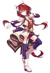 1girl animal_ears blue_choker blue_thighhighs boots choker closed_mouth ear_covers full_body garter_straps green_eyes hair_between_eyes highres horse_ears horse_girl horse_tail jacket long_sleeves looking_at_viewer multicolored_hair official_art red_hair short_hair_with_long_locks smile solo starting_future_(umamusume) streaked_hair tail thighhighs umamusume white_footwear white_hair white_jacket win_variation_(umamusume)