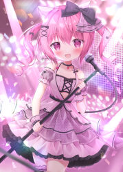Rule 34 | 1girl, absurdres, animal ears, cat ears, child, commission, copyright request, detached sleeves, dress, hair between eyes, hair ornament, hairpin, highres, idol, maisaki berry, off shoulder, pink dress, pink eyes, pink hair, skeb commission, virtual youtuber, yuduki pdx