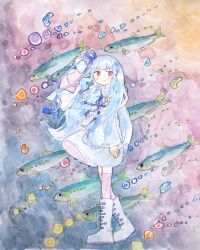 Rule 34 | 1girl, absurdres, air bubble, arms at sides, blue dress, blue hair, blue ribbon, blush, bone 71, boots, bubble, closed mouth, commentary request, detached sleeves, dress, expressionless, fish, fish background, floating hair, from side, full body, grey eyes, hair ribbon, heel up, highres, knee boots, kotonoha aoi, looking at viewer, looking to the side, low-tied sidelocks, multicolored background, neck ribbon, painting (medium), pink thighhighs, raised eyebrows, red eyes, ribbon, sardine, short dress, sidelocks, solo, thighhighs, traditional media, two-tone eyes, voiceroid, watercolor (medium), white footwear, wind, wind lift