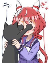 Rule 34 | 1girl, animal, animal ears, blush, cat, commentary request, covering another&#039;s eyes, hair between eyes, hair ornament, holding, holding animal, holding cat, horse ears, long hair, low twintails, open mouth, red hair, school uniform, shein, simple background, solo, translation request, twintails, umamusume, white background, win variation (umamusume)