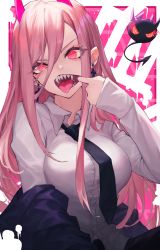 Rule 34 | 1girl, absurdres, black necktie, breasts, chainsaw man, cross, cross-shaped pupils, cross earrings, earrings, hair between eyes, highres, horns, jewelry, kami otona, large breasts, long hair, long sleeves, looking at viewer, necktie, open mouth, pink hair, power (chainsaw man), red eyes, red horns, sharp teeth, shirt, solo, symbol-shaped pupils, teeth, tongue, tongue out, white shirt