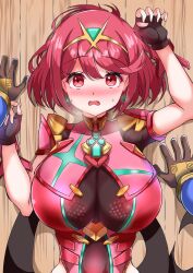 absurdres breasts chest_jewel core_crystal_(xenoblade) headpiece highres large_breasts otama_(otama_ladle23) pyra_(xenoblade) red_hair rex_(xenoblade) swept_bangs tiara xenoblade_chronicles_(series) xenoblade_chronicles_2