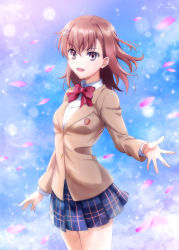 Rule 34 | 1girl, :d, absurdres, blazer, bow, bowtie, breasts, brown eyes, brown hair, brown jacket, collared shirt, cowboy shot, highres, jacket, long sleeves, looking at viewer, medium breasts, medium hair, misaka mikoto, open mouth, outstretched arm, plaid, plaid skirt, pleated skirt, prime (cameron), red bow, red bowtie, school uniform, shirt, skirt, smile, solo, standing, toaru kagaku no railgun, toaru majutsu no index, tokiwadai school uniform, white shirt, winter uniform