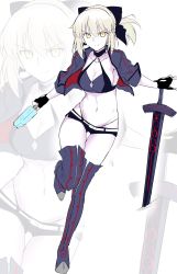 Rule 34 | 1girl, absurdres, artoria pendragon (all), artoria pendragon (alter swimsuit rider) (fate), artoria pendragon (fate), bikini, bikini under clothes, blonde hair, breasts, choker, collarbone, fate/grand order, fate (series), fingerless gloves, food, gloves, groin, hair ribbon, halcon, highres, jacket, medium breasts, navel, ponytail, popsicle, ribbon, saber (fate), saber (type-moon racing) (fate), saber alter, short hair, sideboob, smile, solo, swimsuit, sword, thighhighs, weapon, yellow eyes, zoom layer
