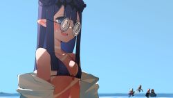 Rule 34 | 5girls, absurdres, bare shoulders, beach, bikini, black bikini, blue eyes, blue sky, blunt bangs, blush, braid, braided bangs, breasts, coke-bottle glasses, commentary, double bun, embarrassed, english commentary, fang, from side, glasses, hair bun, halterneck, headpiece, highres, hololive, hololive english, jacket, jacket partially removed, long hair, mole, mole under eye, multiple girls, ninomae ina&#039;nis, o-ring, o-ring bikini, ocean, official alternate hairstyle, pointy ears, purple hair, red-framed eyewear, sidelocks, sky, small breasts, solo focus, string bikini, sweatdrop, swimsuit, tan, tanline, upper body, very long hair, virtual youtuber, zaniaii