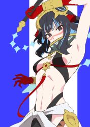Rule 34 | 1girl, abs, arm up, armpits, bare shoulders, black hair, black skirt, blood, blood on hands, blue hair, bracer, breasts, colored inner hair, detached collar, facepaint, fate/grand order, fate (series), feathers, glowing, glowing eyes, grey eyes, halterneck, harurukan, headdress, high collar, highres, looking at viewer, multicolored hair, navel, pelvic curtain, red pupils, sash, short hair, sideboob, sidelocks, skirt, small breasts, solo, tassel, tenochtitlan (fate), tenochtitlan (first ascension) (fate), whip